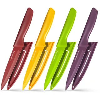 Schälmesser mit Schutzhülle, Schälmesserset mit 4 Stück, 9,6cm Schälmesserset aus hochwertigem Edelstahl, kleines Küchenmesserset für Obst und Gemüse, ergonomische Messergriffe für Vielseitigkeit