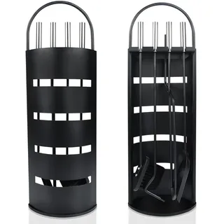 UISEBRT Kaminbesteck Schwarz - Modern Edelstahl Kaminofen Besteck Set 5 teilig: Edelstahl Ständer mit Sichtschutz, Besen, Zange, Schürhaken, Ascheschaufel (Schwarz)