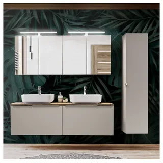 Lomadox Badmöbel Set in taupe mit Vintage Eiche PUEBLA-56-TAUPE Waschtisch mit 2 Keramik Waschbecken, 2 LED-Spiegelschränke, Hochschrank