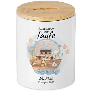 Personalisiertes Geschenk Taufe Baby Junge Mädchen Spardose Arche Noah mit Name Datum, Geldgeschenk Geburt Patenkind Enkelkind zur Taufe Wunscherfüller Taufgeschenk Sparschwein