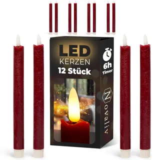 Stabkerzen LED mit Timer Rot 12 Stück indoor - 6 Stunden - ECHTWACHS 24cm Höhe für Kerzen 2,2cm Durchmesser 2 AAA Batterien notwendig LED Stabkerzen 4er Set Rot (drei Mal) bewegliche Flamme Licht