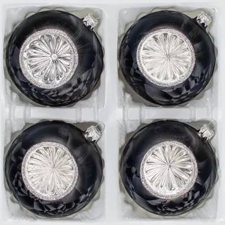 Navidacio 4 TLG. Glas-Weihnachtskugeln Set 10cm Ø in 'Vintage Ice Schwarz Silber' Christbaumkugeln -Reflektorkugeln -Christbaumschmuck 10cm Durchmesser Reflexkugeln