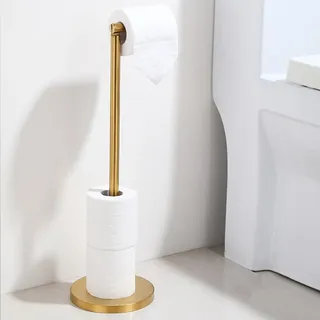 Toilettenpapierhalter Stehend, 304 Edelstahl Klopapierhalter mit Heavy Duty Base, Freistehend Anti-Rost Toilettenpapier Aufbewahrung, WC Rollenhalter Toilettenpapierständer (Gold)