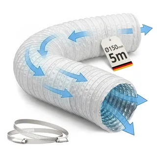 Relaxdays Abluftschlauch, 2 Schellen, Ø 150 mm, 5 m, PVC, Aluminium, gasdicht, temperaturbeständig, Luftschlauch, weiß