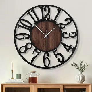 HAITANG Große Wanduhr für Wohnzimmer, modern, 60 cm oder mehr, leise Uhren aus schwarzem Metall und Holz, für Bauernhof, Esszimmer, Schlafzimmer, Küchenuhr, Wanddekoration