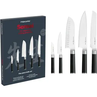 Fiskars Messer-Set (5-tlg., 1x Gebäckmesser 19cm, 1x Kochmesser 19cm, 1x Santoku-Messer 16,5cm, 1x) schwarz|silberfarben