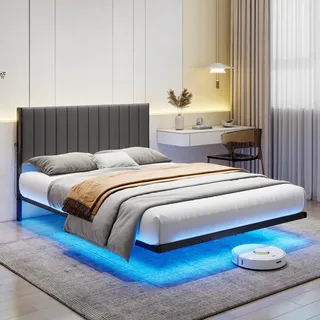 ARFARLY Bett 120x200 cm mit LED Beleuchtung und Ladestation Bettrahmen mit Metall-Lattenrost Erwachsenen-Schwebebett-Rahmen mit Licht-Robust und stabil,Einfache Montage,Dunkelgrau