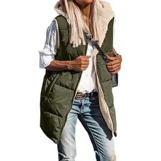 ASKSA Damen Wendewesten aermellose Fleecejacke Reissverschluss Kapuzenpullover Lange Warme Wintermantel, Armeegruen, XL - Grün - XL