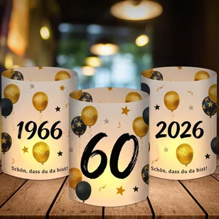 12 Windlicht Tischdeko 60 Geburtstag, Deko 60 Geburtstag Mann Frau 1966-2026 Schwarz Gold, 60 Jahre Happy Birthday Tischdeko, Geeignet für Teelichter oder Kerzen