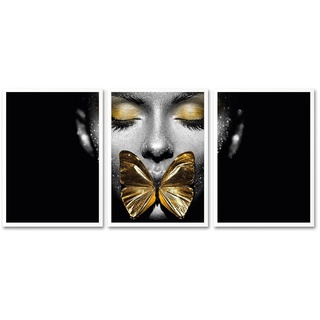 queence Bild mit Rahmen »Gesicht - Schmetterling - Gold - Gerahmter Digitaldruck - Wandbild«, Gesicht/Schmetterling (3er-Set), 3x 30x40 cm - Holzrahmen - Dekoration - Weißer Rahmen - Triptychon goldfarben