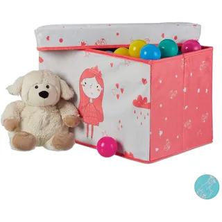 Relaxdays Sitzbox Kinder, Staubox mit Deckel, Spielzeug Aufbewahrung, faltbar, Prinzessin Motiv, Mädchen, 33 l, rosa
