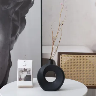 Cutfouwe Vase Schwarz,Vase für Pampasgras,Keramik Matt Donut Vase,Moderne Deko Vase,Klein Blumenvase für Trockenblumen,Rund Vase mit Loch,Home Office Dekoration,S