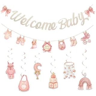 Tazuxetuqe Babyparty-Dekorationen für Mädchen, 2-teiliges „Willkommen Baby“-Banner, „Baby in Bloom“-Girlande, 8-teilige, niedliche Hängegirlande für die Gender-Reveal-Party eines Mädchens