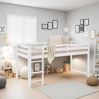 Homestyle4u Hochbett 90 x 200 cm Kiefer massiv lackiert weiß grau