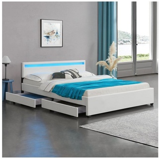 Juskys Polsterbett Lyon, 180x200 cm, ausziehbare Bettkästen, LED-Licht, gepolstertes Kopfteil weiß 214 cm x 36.5 cm