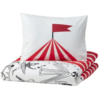 IKEA BUSENKEL Bettbezug und Kissenbezug, 150x200/50x60 cm, Zirkusmuster rot/weiß