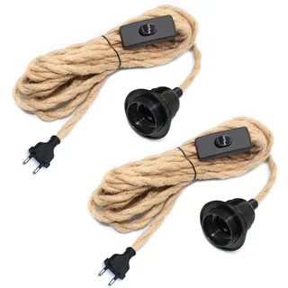 2 Stück Hängelampe mit Stecker, E27 Fassung mit 510CM Hanfseil Kabel und Schalter, Lampenfassung mit Schalter, Vintage Lampenkabel Pendelleuchte mit Stecker, DIY Innenraum Kreativität Hängeleuchte