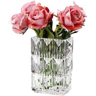 Geriffelte Glasvase Klarglas Vase Gerippt Blumenvase Minimalistisch Rechteckige Blumenvase aus Glas für Wohnzimmer, Esstisch, Bücherregal, Hochzeit, Büro (15 * 10 * 20cm)