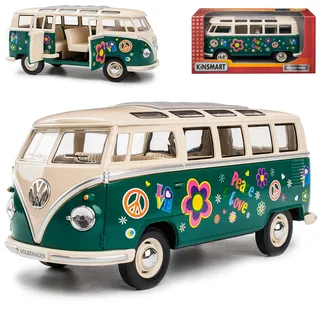 Kinsmart Volkwagen T1 Grün mit Beige Samba Bully Bus Flower Power 1950-1967 1/24 Modell Auto mit individiuellem Wunschkennzeichen
