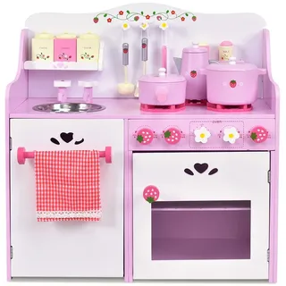 Kinderküche Spielküche mit Holzkochgeschir rosa