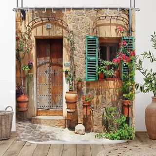 Hnmdmyi Duschvorhang 3D 180x220, Garten Blumen Landschaft Straße Allee Vintage Look Steinmauer mit Tür Badewanne Vorhang Wasserdicht Polyester Stoff Waschbar Badevorhang für Badezimmer mit Haken