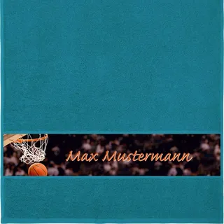 Manutextur Handtuch mit Namen - personalisiert - Motiv Sport - Basketball - viele Farben & Motive - Dusch-Handtuch - Petrol - Größe 50x100 cm - persönliches Geschenk mit Wunsch-Motiv und Wunsch-Name