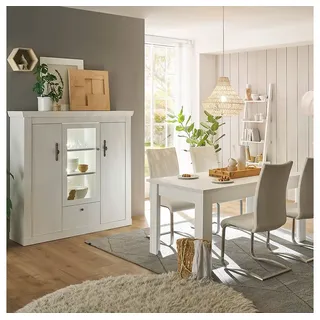 Lomadox Esszimmer-Set RAPLA-61, (Spar-Set, 2-St., Highboard Esstisch), mit LED-Beleuchtung, Pinie weiß, Landhaus-Stil weiß