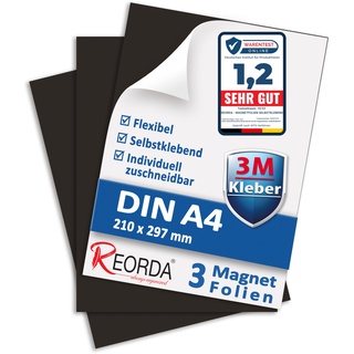 Reorda Magnetfolie DIN A4 selbstklebend 3er Set - Magnetpapier mit starkem 3M-Kleber - Magnetplatte zuschneidbar für Kühlschrank, Tafeln & Poster - Magnetische Folie selbstklebend für's Basteln