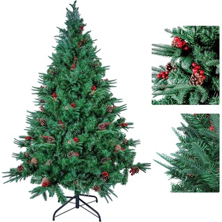 himaly Künstliche Weihnachtsbäume 180 cm mit 688 Spitzen, PVC/PE Material Naturgetreue Tannenbaum künstlich Christbaum, 53pcs echten Tannenzapfen, 53pcs roten Früchten für Innen und Außendekoration