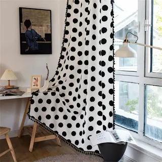 TROYSINC Boho Vorhang Landhausstil Gardinen, Baumwolle Leinen Vorhänge, Schwarze Weiße Punkte Bistrogardine Fenster Decor für Wohnzimmer Schlafzimmer (Stangentyp,H214x B132 cm)