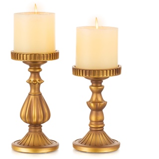 Romadedi Kerzenständer Kerzenhalter Gold Vintage - für Stumpenkerzen Kerzen 2er Set Harz Retro Kerzen Ständer Modern Deko für Tischdeko Wohnzimmer Weihnachten Hochzeit Party