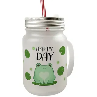 speecheese Glas Frosch Mason Jar Henkel Trinkglas mit Deckel mit Spruch Happy Day