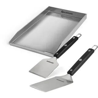 BURNHARD® Edelstahl Plancha Set Fred 41,5 x 23,5 cm mit 2-tlg | Grillspachtel und Grillschaber Set