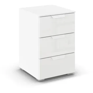 Rauch Möbel ADITIO, Nachttisch, Farbe Glas Weiß, Maße 40x61x42 cm | Nachtkommode im modernen Look, 3 Schubladen, mit Glasfront, Soft-Close, für Schlafzimmer, Jugendzimmer, Gästezimmer