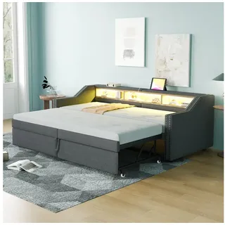 REDOM Schlafsofa Jugendbett,Funktionsbett,Polsterbett, mit USB & LED, Stauraum & Ausziehbett, für Jugendzimmer & Gäste 90/180x200 cm, ohne Matratze grau