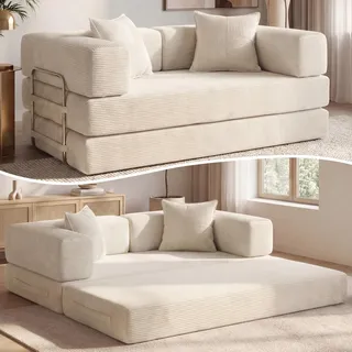 Vipbear Cordstoff Schlafsofa 160×90×70cm, 5-in-1 Umwandelbares Bodensofa aus Kord, Hochdichter Schaumstoff, Haustierfreundlich & Ergonomisch, Keine Montage, Weiß