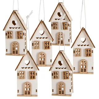 6 kleine Weihnachtsanhänger Deko Häuser, Holz Häuschen mit Schnur zum Aufhängen, Holzhaus, Hygge Scandi Deko Weihnachten 4 x 7 x 3 cm weiß naturfarben