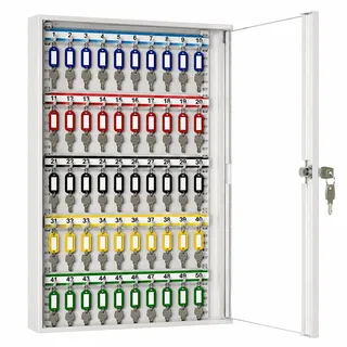 LEOMAR Schlüsselschrank, Schlüsselkasten mit 50 Haken, Schlüsselbox aus Stahlblech mit Glastüren, mit Verstellbaren Hakenleisten, Organizer zur Wandbefestigung, Abschließbar, 6 x 35 x 52 cm