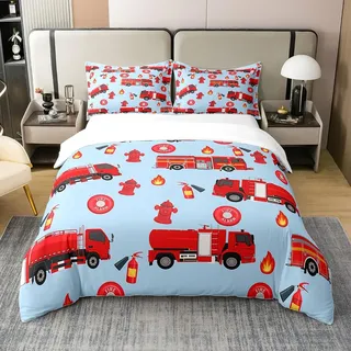 Loussiesd Kinder Auto Bettbezug Set Jungen Feuerwehr Bettwäsche Set 135x200cm 100% Baumwolle Rotes Feuerwehrauto Fahrzeug Muster Betten Set für Mädchen Kinder Jugendliche Schlafzimmer Dekor