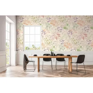A.S. Création Blumentapete Creme, Grün, Violett, Braun, Rosa - hochwertige Vliestapete floral 396931 - Designtapete gemalt auf 10,05m x 0,53m - Made in Germany