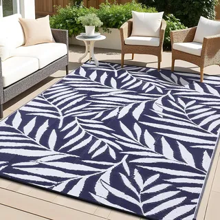 smiry Outdoor Teppich Wasserfest Balkon Camping Teppiche UV-beständig Waschbar Außenteppich Draussen Wendbarer für Terrasse, Garten, Wohnmobil - 240 x 300 cm, Marine Blau & Weiß - Blätter Muster