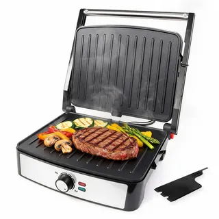 KLAIF Kontaktgrill 2200 W, Panini Grill & Sandwichtoaster, 2-in-1 Tischgrill mit großer 29 x 23 cm Antihaft-Grillfläche, 60–200 °C, 180° aufklappbar als Teppanyaki, Fettauffangschale, Silber