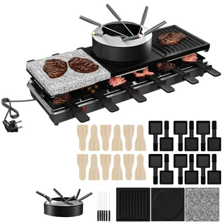 ACXIN 3-in-1 Raclette-Grill & Fondue-Set für 12 Personen, 1650W – Inklusive Natursteinplatte, Metallplatte, Crêpesplatte, 12 Pfännchen, Fondue-Topf mit 6 Gabeln, Antihaftbeschichtung