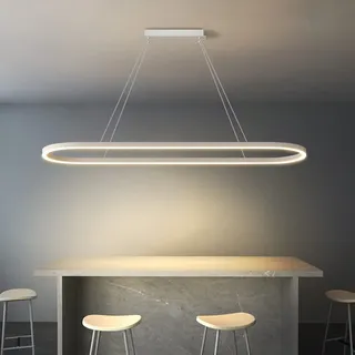 Bellastein LED Büro Pendelleuchte Modern Ovales Desig Esstisch Hängeleuchte dimmbar mit Fernbedienung Pendellampe Hoehenverstellbar Deckenlampe für Büro Esstisch Arbeitszimmer (Weiß, L120cm/42W)