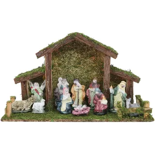 Toyland® Weihnachtskrippe, traditioneller Krippenstall mit 11 Figuren, Weihnachtsdekoration