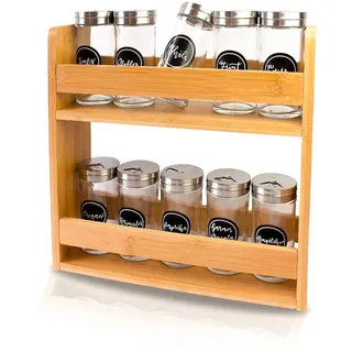 luXva® Gewürzregal aus Bambus für die Wand oder stehend, Gewürzständer Küchenregal mit 2 großen Etagen, 28 x 28 x 8 cm, Küchenorganizer zur Aufbewahrung von Gewürzdosen und Kräuter
