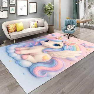 PEIHUODAN Einhorn-Teppich Für Mädchenzimmer, Anime-Cartoon, Rosa Regenbogenpferd, 3D-Druck, Weicher Flanell, Waschbar, rutschfest, Kinderzimmerdeko (Farbe 6,160x230cm)