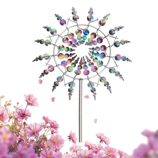 Magische Windmühle, 3D Einzigartige und Magische Metall Windräder, Wind Spinner im Freien, 360° Dual Rotors Kinetische Wind Spinner, Wind Metallfänger, Gartenstecker Windspiel für Garten (Bunt)