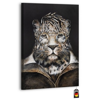 YS-Art Gemälde Temperament, Tiere, Leinwand Bild Handgemalt Leopard mit Anzug Tier mit Brille braun