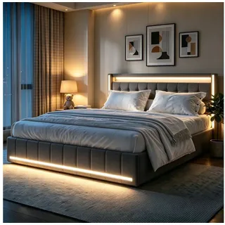 Simurq Polsterbett 180 x 200 cm Doppelbett mit LED Beleuchtung und Ladefunktion (Mit Komforthöhe Lattenrost, Leises Design Bett), Jugendbett 4 Schubladen Stauraumbett, in 2 Größen verfügbar grau